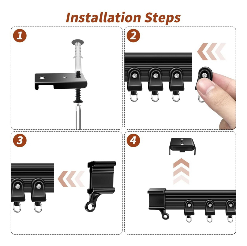 Комплект извити завесни релси (метален; PVC релсов път; безшумно плъзгане; гъвкав; U-образна водач релса)