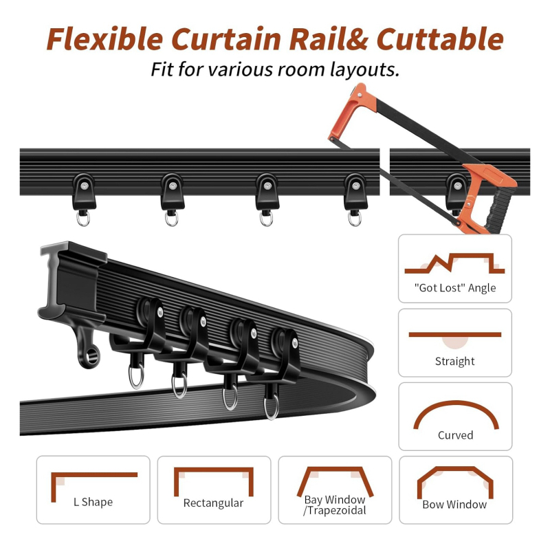 Комплект извити завесни релси (метален; PVC релсов път; безшумно плъзгане; гъвкав; U-образна водач релса)