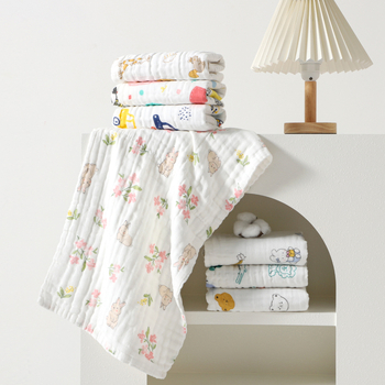 Kūdikio marlės rankšluostis iš 100% medvilnės, 6 sluoksnių veido rankšluostis su karikatūrų atspaudais, 80–100 g, 40s siūlai