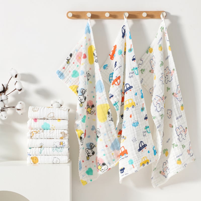 Kūdikio marlės rankšluostis iš 100% medvilnės, 6 sluoksnių veido rankšluostis su karikatūrų atspaudais, 80–100 g, 40s siūlai