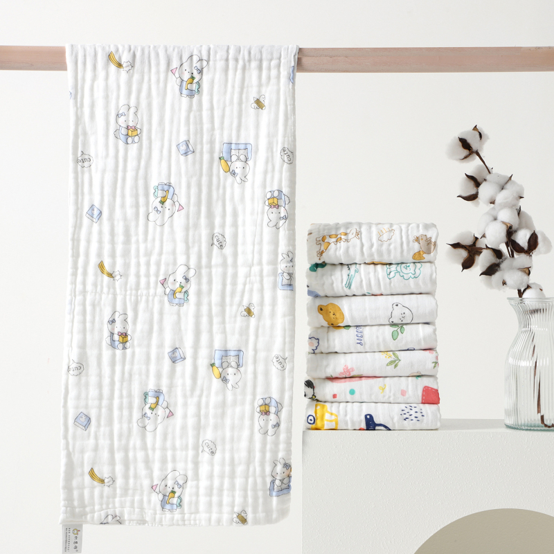 Kūdikio marlės rankšluostis iš 100% medvilnės, 6 sluoksnių veido rankšluostis su karikatūrų atspaudais, 80–100 g, 40s siūlai