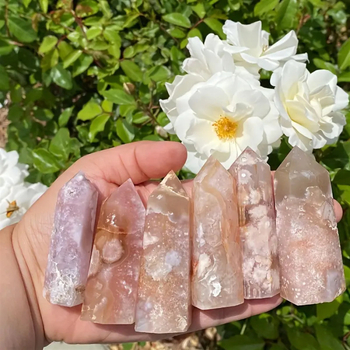 STONE BROTHERS Натурален Cherry Blossom агат — шестогранен призмен камък за декорация, гравиран и полиран