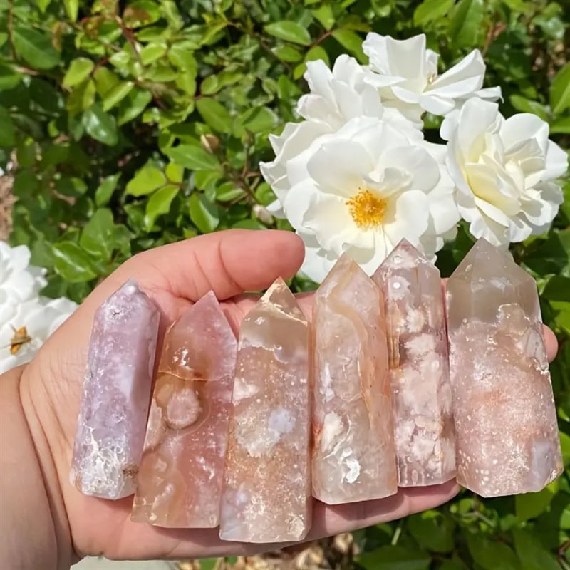 STONE BROTHERS Натурален Cherry Blossom агат — шестогранен призмен камък за декорация, гравиран и полиран