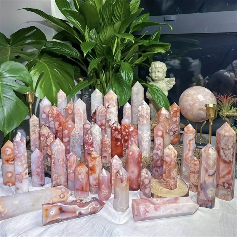 STONE BROTHERS Натурален Cherry Blossom агат — шестогранен призмен камък за декорация, гравиран и полиран