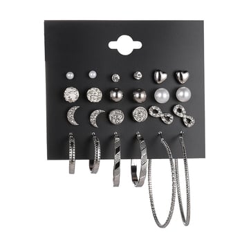 Популярни европейски и американски трансгранични електронни търговци с големи халки, модел луна и звезда, 12 чифта, комплект от няколко чифта, обеци с инкрустирани диаманти за жени.