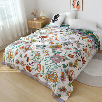 Cuvertă-pătură din bumbac jacquard, cinci straturi, pentru două persoane, all-season, model plante și flori, greutate 1,5–2 kg, calitate premium, personalizabilă