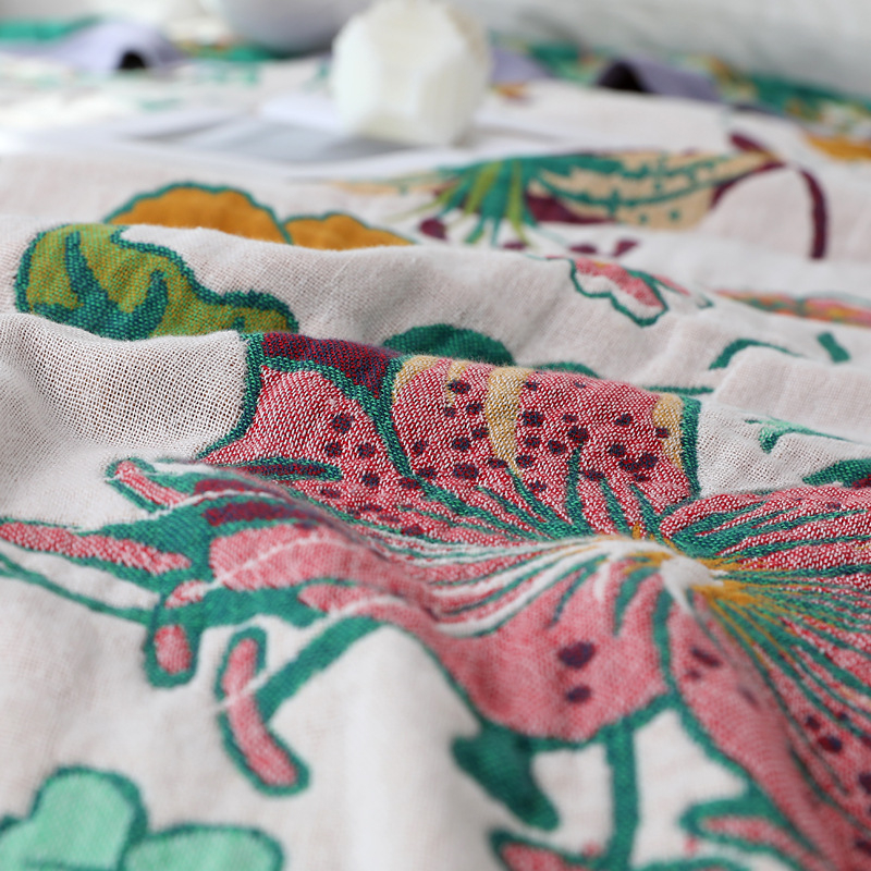 Cuvertă-pătură din bumbac jacquard, cinci straturi, pentru două persoane, all-season, model plante și flori, greutate 1,5–2 kg, calitate premium, personalizabilă