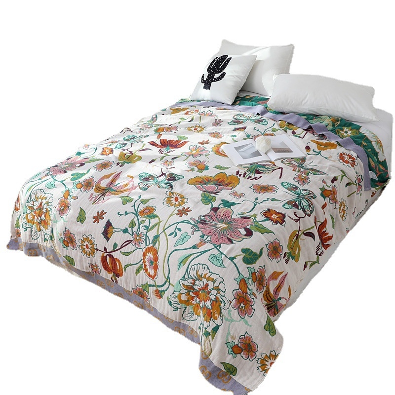 Cuvertă-pătură din bumbac jacquard, cinci straturi, pentru două persoane, all-season, model plante și flori, greutate 1,5–2 kg, calitate premium, personalizabilă