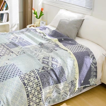 Pamutból készült több rétegű törölköző-pléd jacquard csíkos mintával, légáteresztő és puha, 1,05–1,50 kg, nyárra