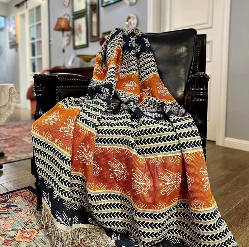 Pătură prosop din bumbac 100%, jacquard multistrat, model geometric, greutate 0.55–1.00 kg