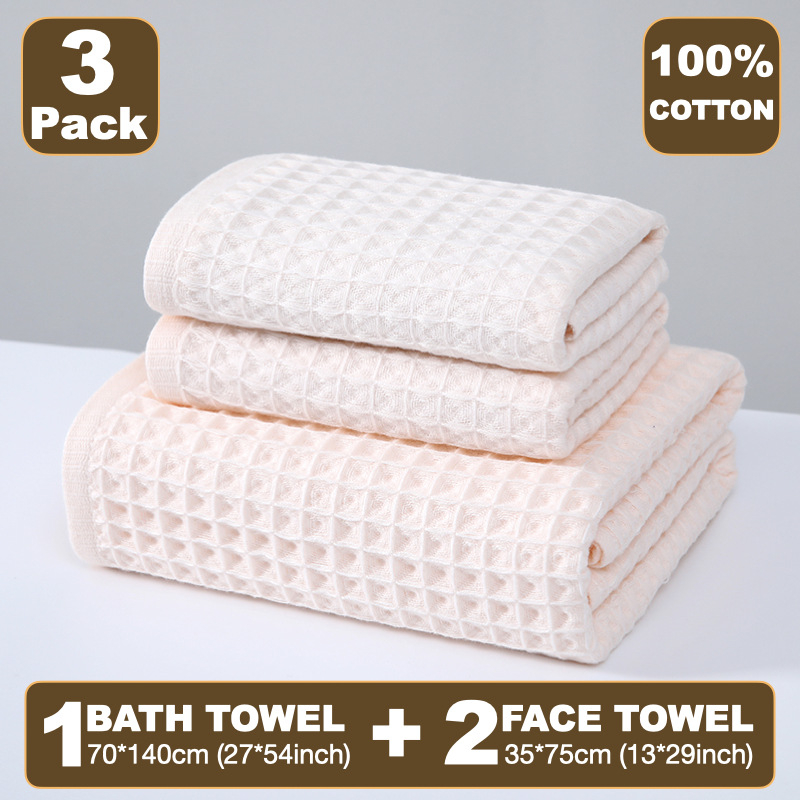 Vaflinio audinio rankšluosčių komplektas (veido rankšluostis + kūno rankšluostis) – sugeria, greitai džiūsta, be pluošto, plokščias mezginys, 32s siūlai, svoris 301–350 g, logotipo spausdinimas įmanomas