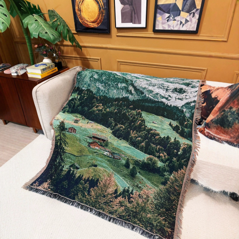 Pamutból készült dísztakaró kanapéra, kültéri és kempingezéshez, tájképes mintával, világos luxus stílusban, 1000–1499 g, minden évszakban használható