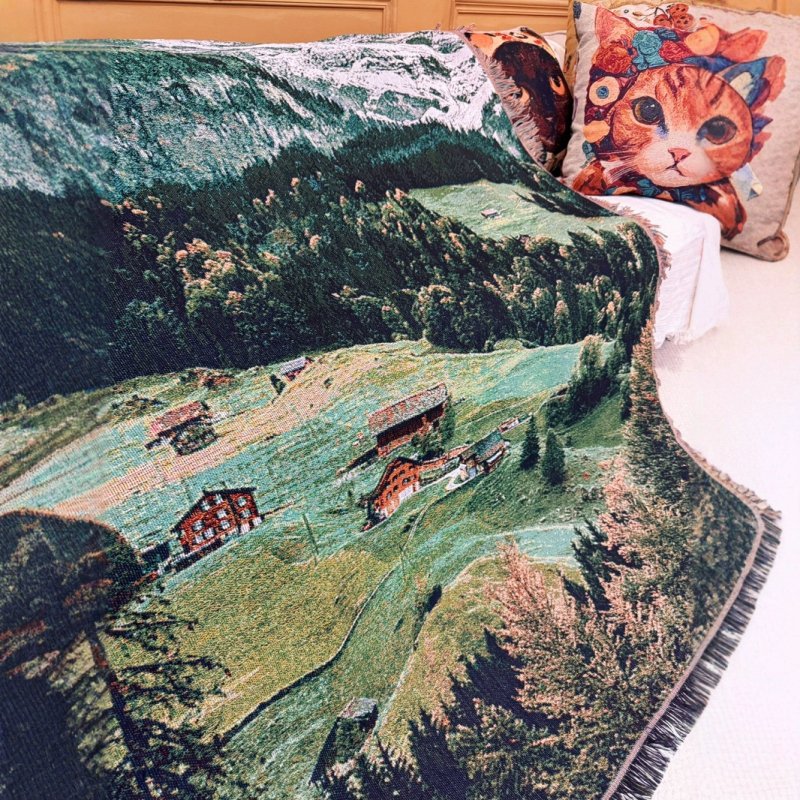 Pamutból készült dísztakaró kanapéra, kültéri és kempingezéshez, tájképes mintával, világos luxus stílusban, 1000–1499 g, minden évszakban használható