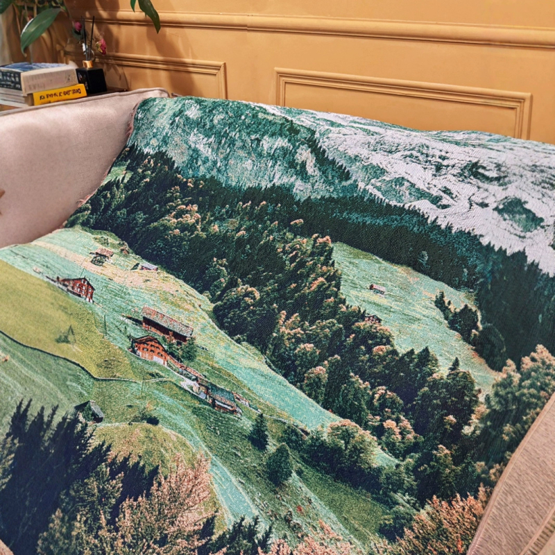 Pamutból készült dísztakaró kanapéra, kültéri és kempingezéshez, tájképes mintával, világos luxus stílusban, 1000–1499 g, minden évszakban használható