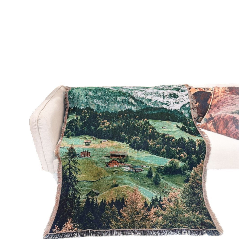 Pamutból készült dísztakaró kanapéra, kültéri és kempingezéshez, tájképes mintával, világos luxus stílusban, 1000–1499 g, minden évszakban használható