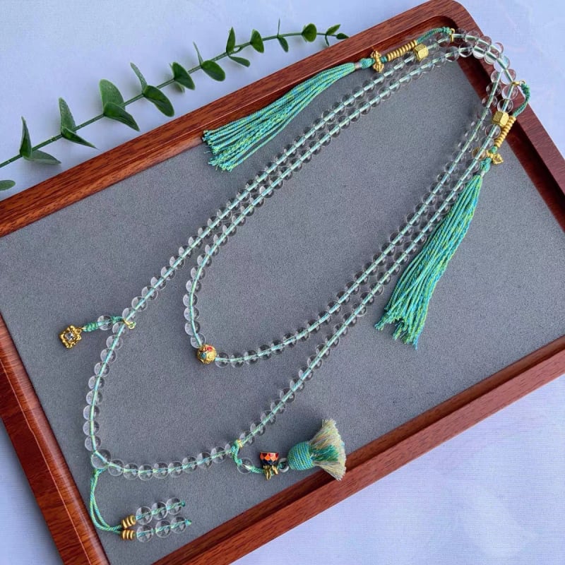 Гривна с естествени кристални мъниета, розариен дизайн с 108 мъниета, кръстосана верига, сребърни акценти 925