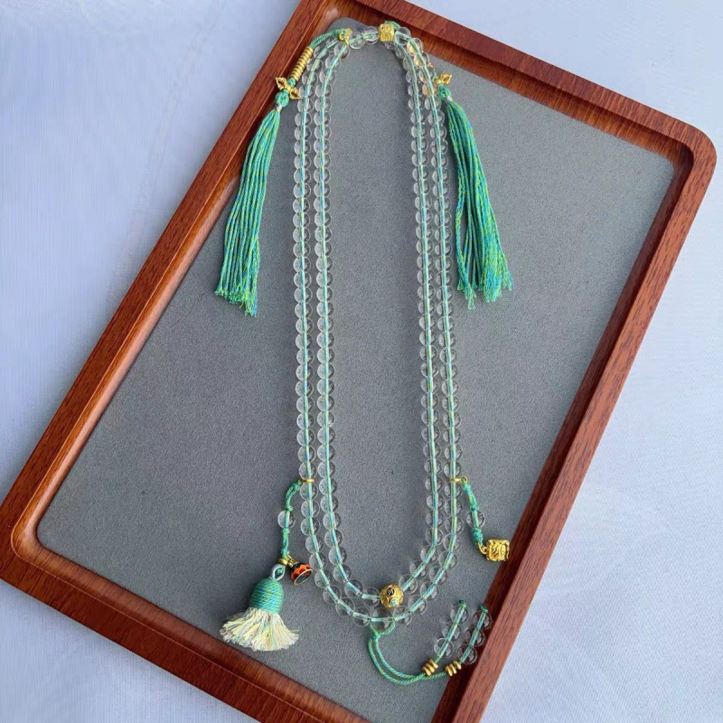 Гривна с естествени кристални мъниета, розариен дизайн с 108 мъниета, кръстосана верига, сребърни акценти 925