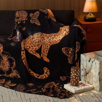 Pătură din bumbac cu ciucuri de catifea, imprimeu leopard – patru anotimpuri, 1000–1499 g, Premium, stil modern minimalist