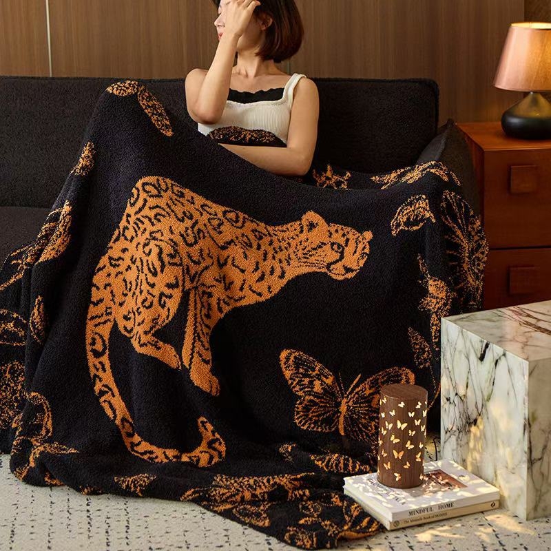 Pătură din bumbac cu ciucuri de catifea, imprimeu leopard – patru anotimpuri, 1000–1499 g, Premium, stil modern minimalist