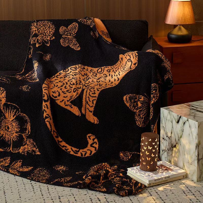 Pătură din bumbac cu ciucuri de catifea, imprimeu leopard – patru anotimpuri, 1000–1499 g, Premium, stil modern minimalist
