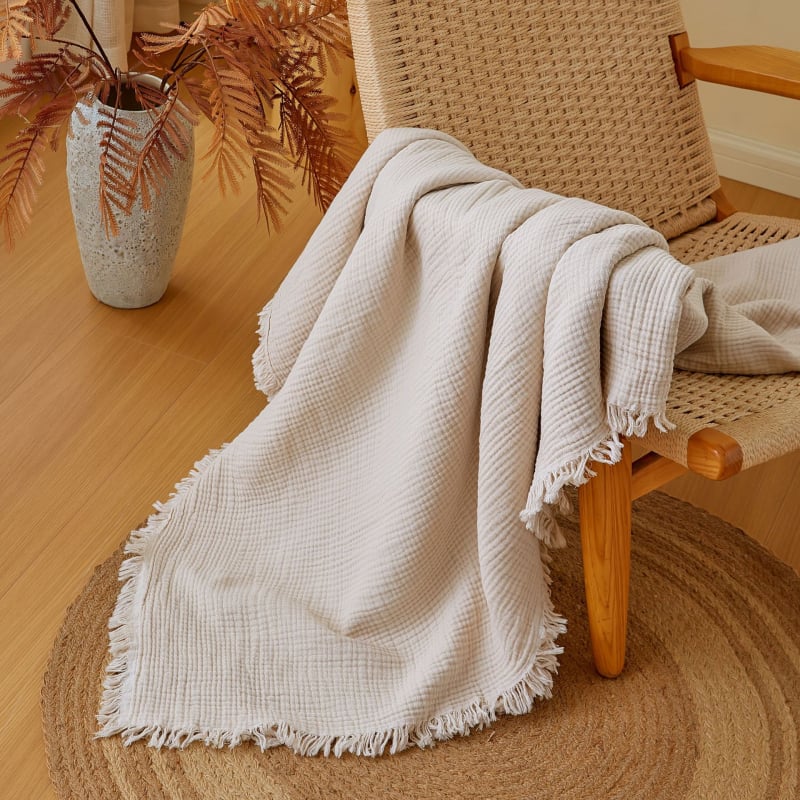 Pătură din bumbac țesut cu pliuri și ciucuri, uni, greutate 1000–1499 g, pentru toate sezoanele