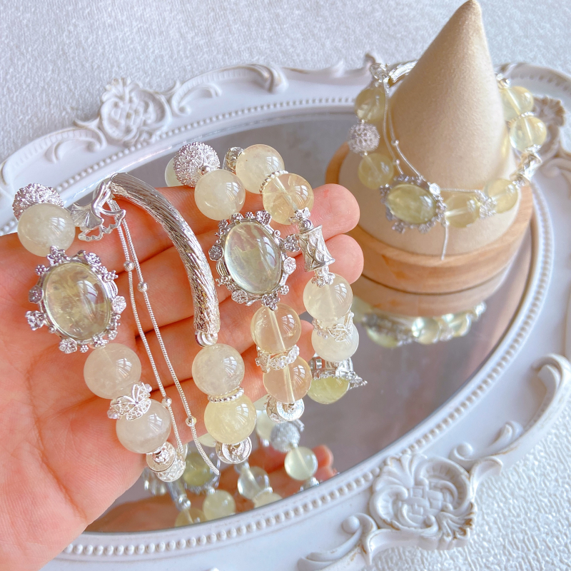 Narukvica od citrina i limunog kristala s perlama, 13 mm perle, Mori stil