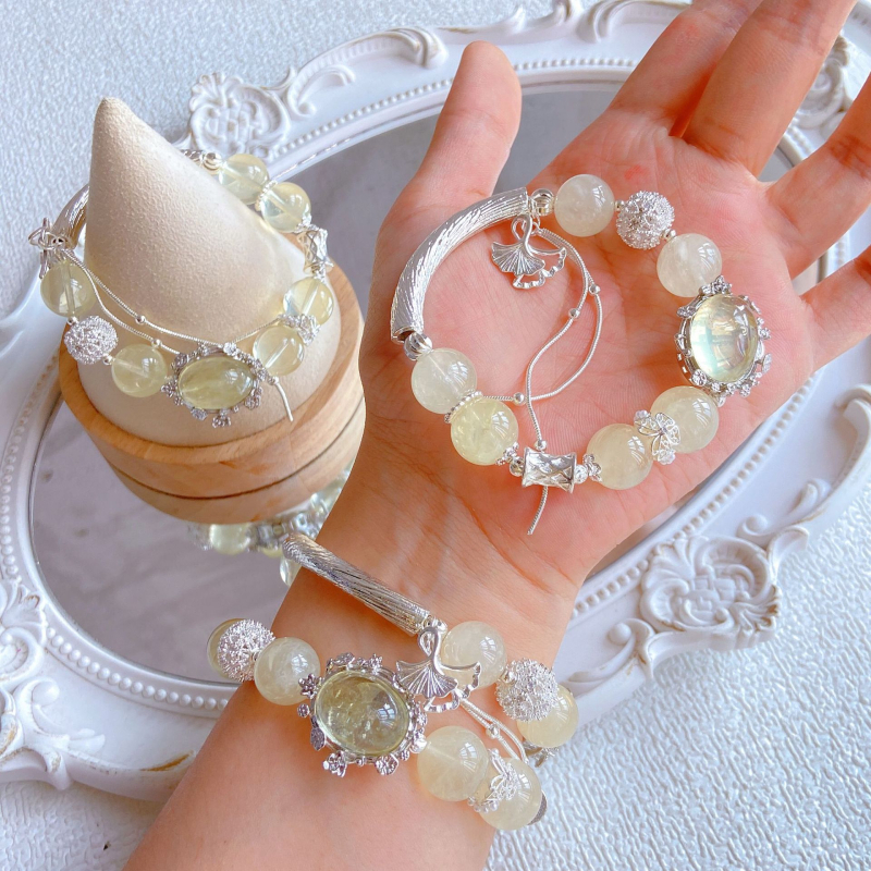 Narukvica od citrina i limunog kristala s perlama, 13 mm perle, Mori stil