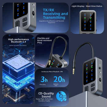 AUX Bluetooth vevő- és adóegység, modell M3, Bluetooth 5.4, AUX interfész, plug-and-play