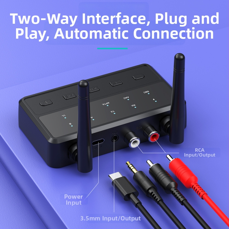 B68 Bluetooth audio adapteris — Transmiter un uztvērējs, Bluetooth 5.4, savienojumi AUX/3.5mm/RCA, Plug and Play, ārējā barošana, darbības diapazons līdz 10 m