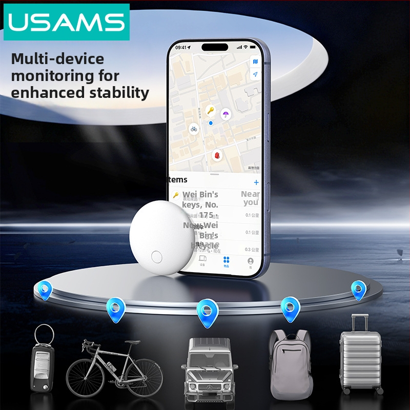 Mini zariadenie proti strate, kompatibilné s iOS, dosah 12–15 m, batéria 230 mAh, hmotnosť 25 g, súčasťou úložná taška, PU koža + ABS