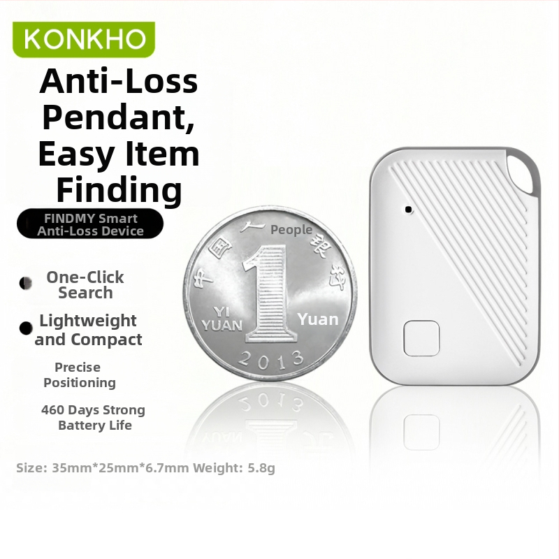 AirTag-ühilduv anti-kaotuse ripatsitracker Bluetooth vahemik ~50 m CR2025 3V aku ABS-korpus alarm