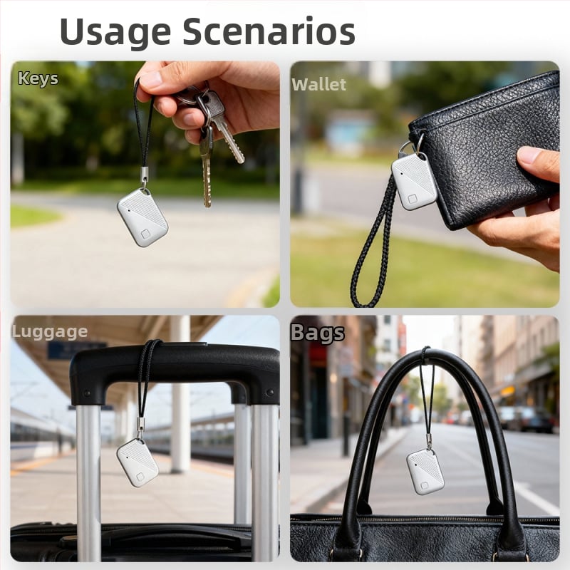 AirTag-ühilduv anti-kaotuse ripatsitracker Bluetooth vahemik ~50 m CR2025 3V aku ABS-korpus alarm