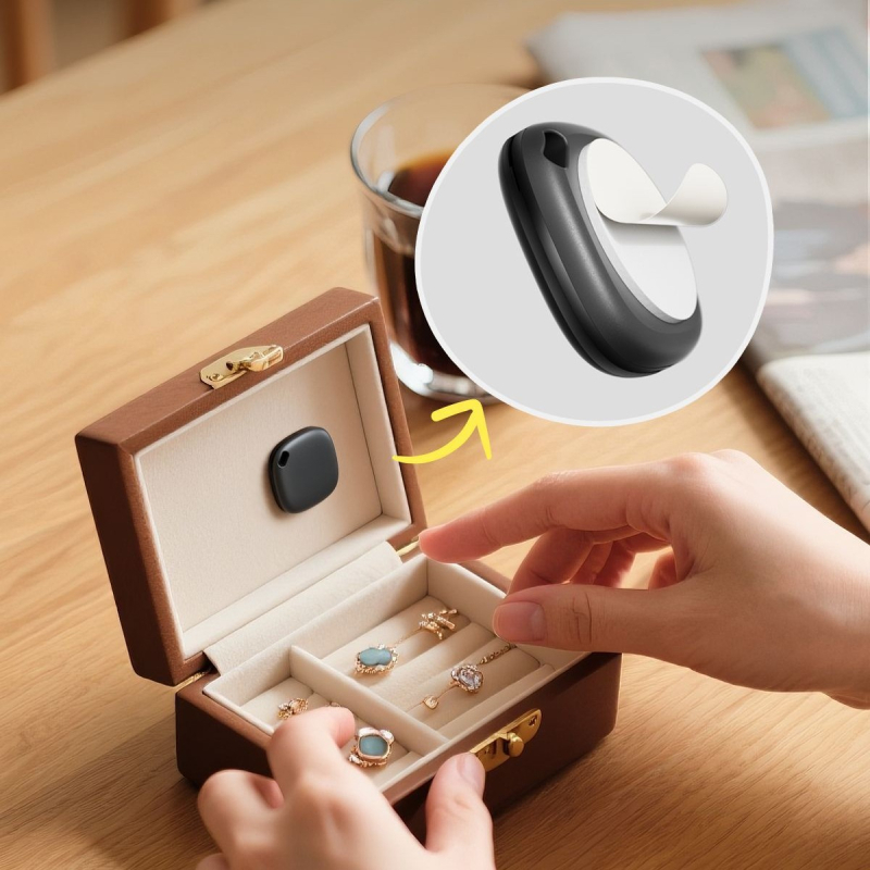 MFi tanúsítványú anti-lopó eszköz szemüveg tokhoz és ékszerdobozhoz Find My helymeghatározással | 6 g, 27×27×7,5 mm, iOS-kompatibilis