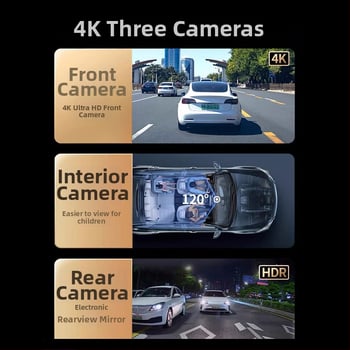 4K kamera u automobilu s GPS navigacijom, 9,66-inčni zaslon, trokanalno snimanje, ADAS