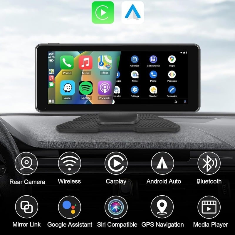 Sistem de navigație pentru mașină cu CarPlay, FM și Bluetooth – navigator portabil de 6,86 inci, cu cameră duală (Model K21, Linux OS, Cameră duală, 1080p, Diafragmă obiectivului principal F20)