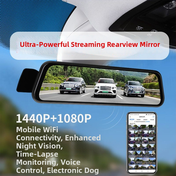 Регистратор за автомобил с пълен екран в огледалото за обратно виждане – предна и задна двойна заснемане, 1440p, 170° широкоъгълна леща, WiFi, GPS навигация