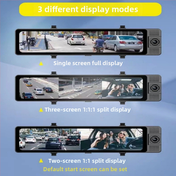 12-инчово огледало за обратно виждане с три обектива (преден, заден и вътрешен) за шофиране — 1080p видеозапис, 160° ъгъл на снимане, безкрайно презаписване, Wi-Fi