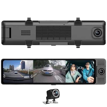 12-инчово огледало за обратно виждане с три обектива (преден, заден и вътрешен) за шофиране — 1080p видеозапис, 160° ъгъл на снимане, безкрайно презаписване, Wi-Fi