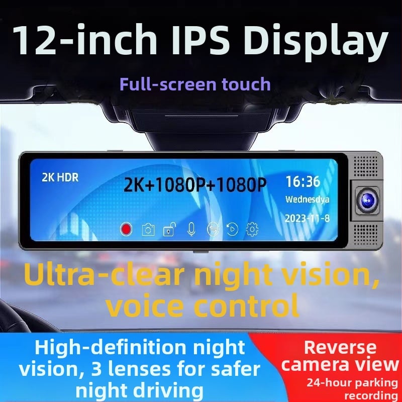 12-инчово огледало за обратно виждане с три обектива (преден, заден и вътрешен) за шофиране — 1080p видеозапис, 160° ъгъл на снимане, безкрайно презаписване, Wi-Fi