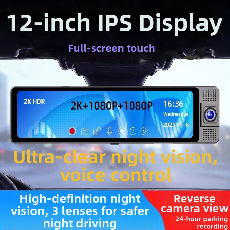 12-инчово огледало за обратно виждане с три обектива (преден, заден и вътрешен) за шофиране — 1080p видеозапис, 160° ъгъл на снимане, безкрайно презаписване, Wi-Fi