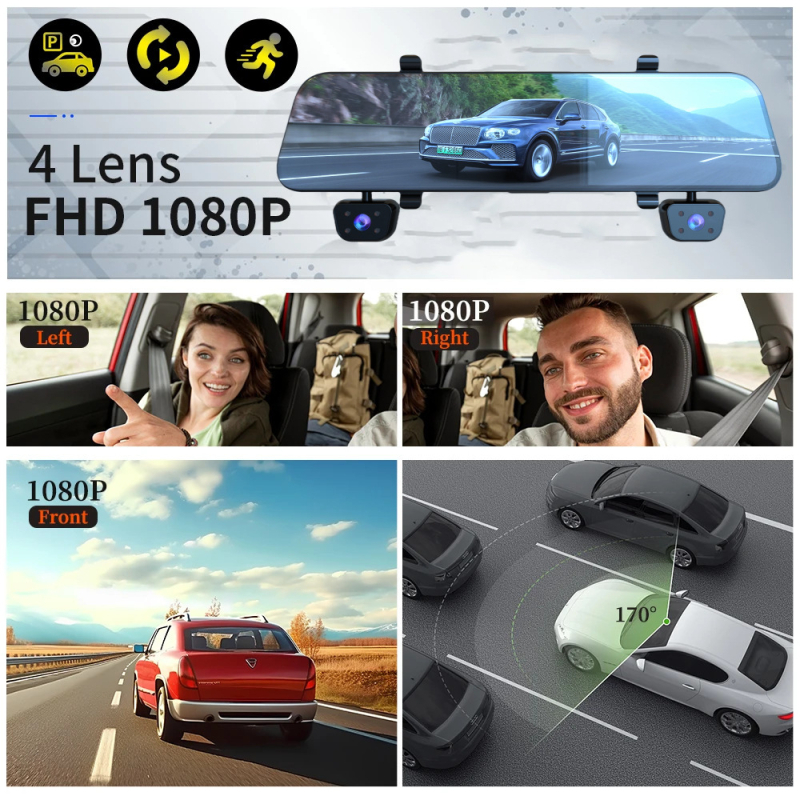 4-kanalni automobilni videorekorder s dodirnim zaslonom, naprijed i natrag snimanje, 1080p, 170° kut gledanja, Wi‑Fi