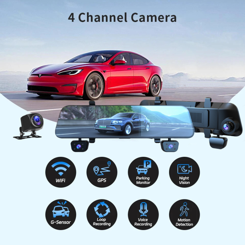 4-kanalni automobilni videorekorder s dodirnim zaslonom, naprijed i natrag snimanje, 1080p, 170° kut gledanja, Wi‑Fi