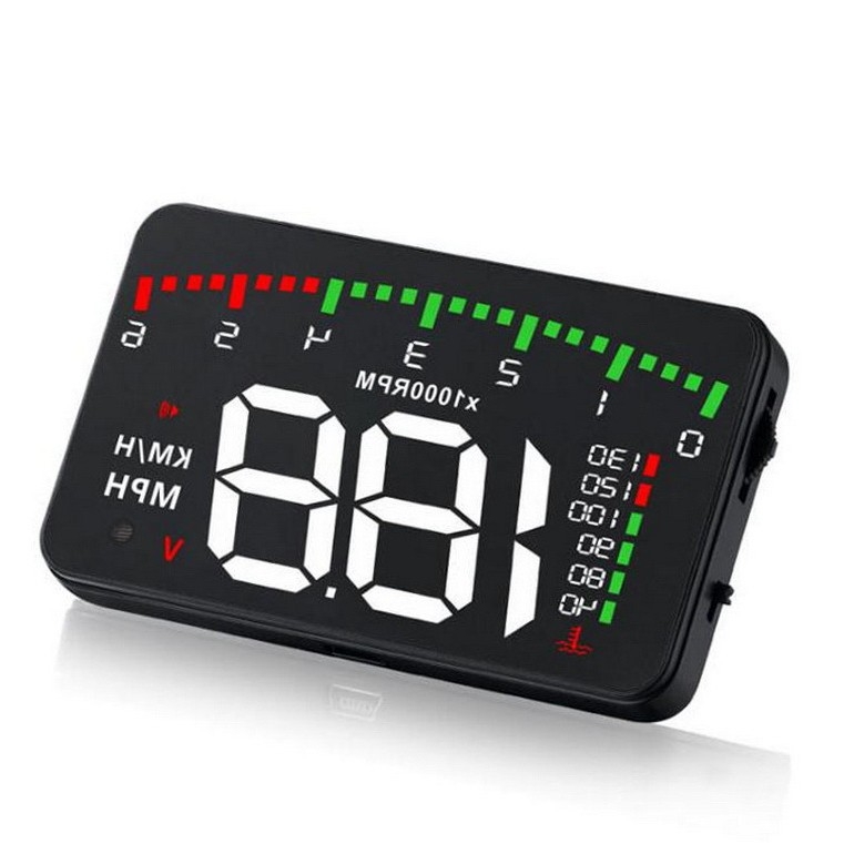 HUD automaļu displejs ar ātrumu, RPM, ūdens temperatūru un spriegumu — modelis A900, universāla saderība, OBD barošana, HD izšķirtspēja