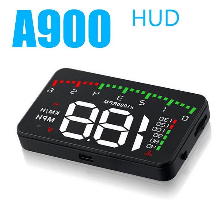 HUD automaļu displejs ar ātrumu, RPM, ūdens temperatūru un spriegumu — modelis A900, universāla saderība, OBD barošana, HD izšķirtspēja