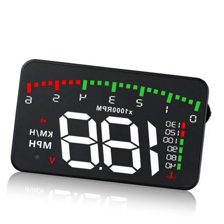 HUD automaļu displejs ar ātrumu, RPM, ūdens temperatūru un spriegumu — modelis A900, universāla saderība, OBD barošana, HD izšķirtspēja