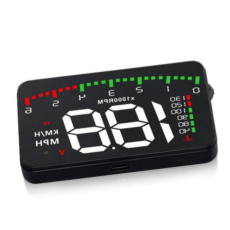 HUD automaļu displejs ar ātrumu, RPM, ūdens temperatūru un spriegumu — modelis A900, universāla saderība, OBD barošana, HD izšķirtspēja