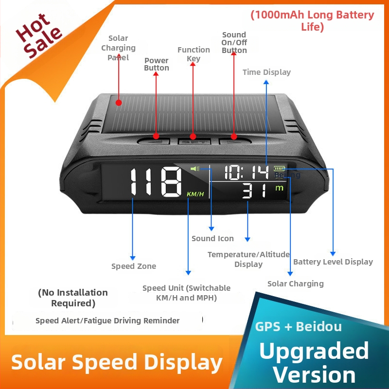 Auto HUD Head-Up displejs, saules enerģijas padeve, bezvadu GPS (ātrums, augstums, laiks)