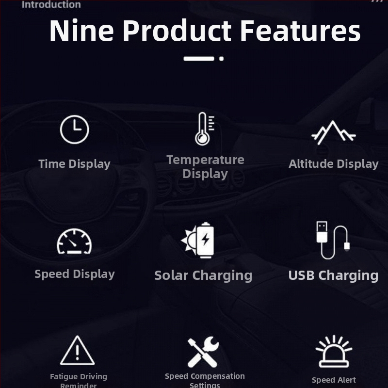 Auto HUD Head-Up displejs, saules enerģijas padeve, bezvadu GPS (ātrums, augstums, laiks)