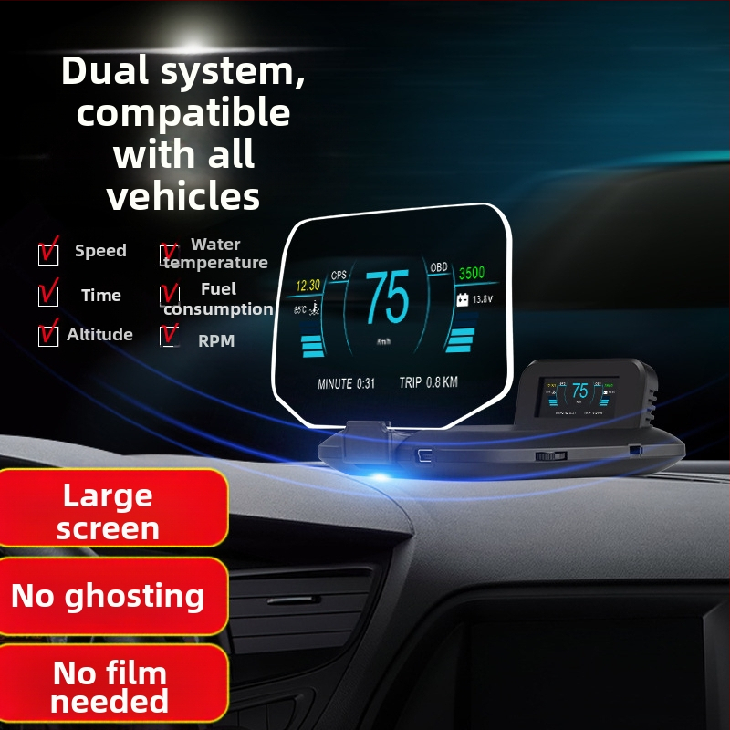 C1 HUD automašīnām – optiskais HUD ar lēcu, HD izšķirtspēja, OBD2+GPS/BeiDou signāli, barošana no OBD, manuāla kontrole
