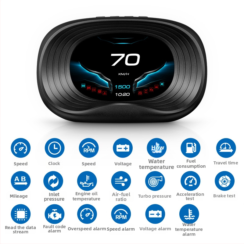 Head-Up displejs automašīnai – modelis P20; ieejas signāls OBD2; barošana caur OBD interfeisu; materiāls ABS un PC; izšķirtspēja HD